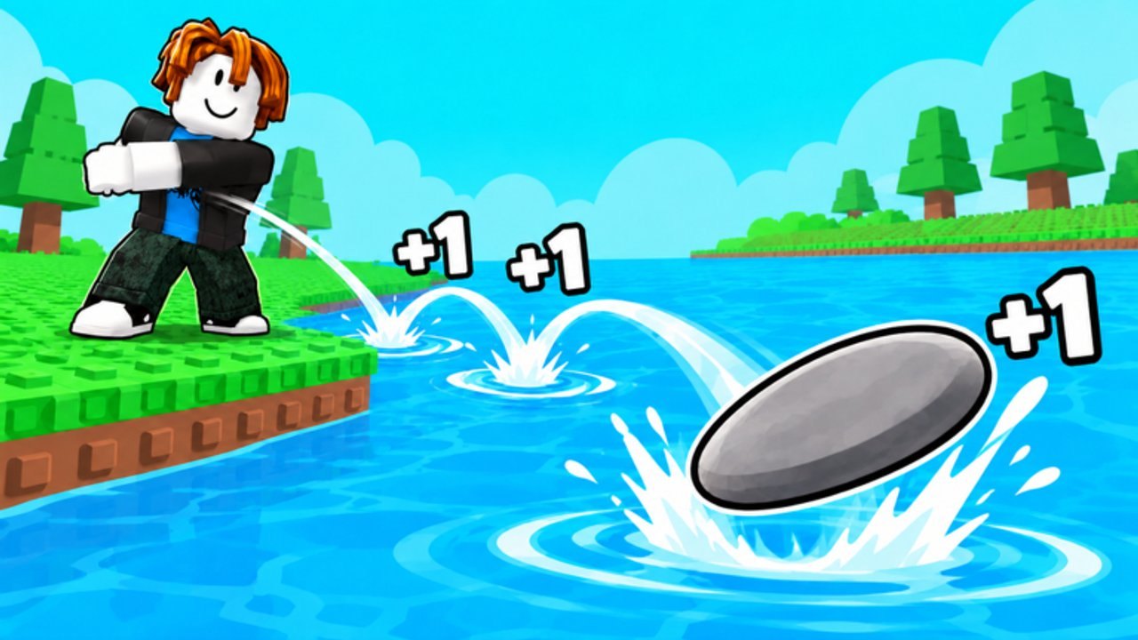 Roblox +1 Stone Skipping riverside throw area with stone skipping across the water